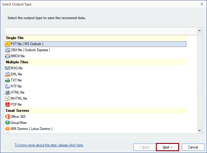 Select the outlook type as PST file