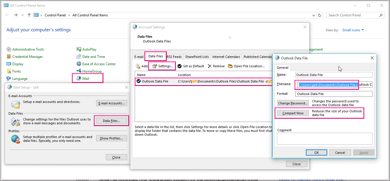 outlook pst file location