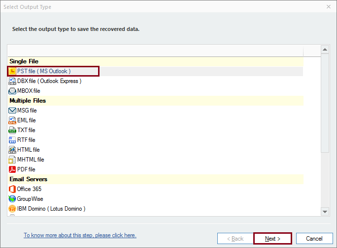 Select PST as an output option