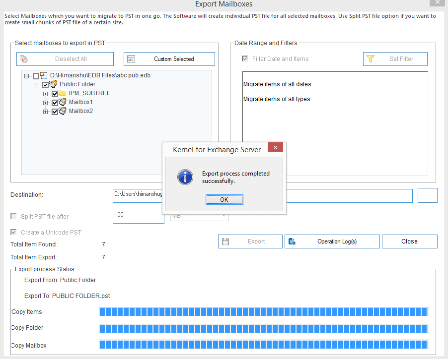 start migrating EDB public folders to PST