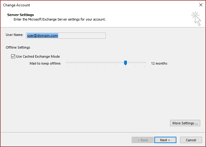 select the mail account and click on “Change” option