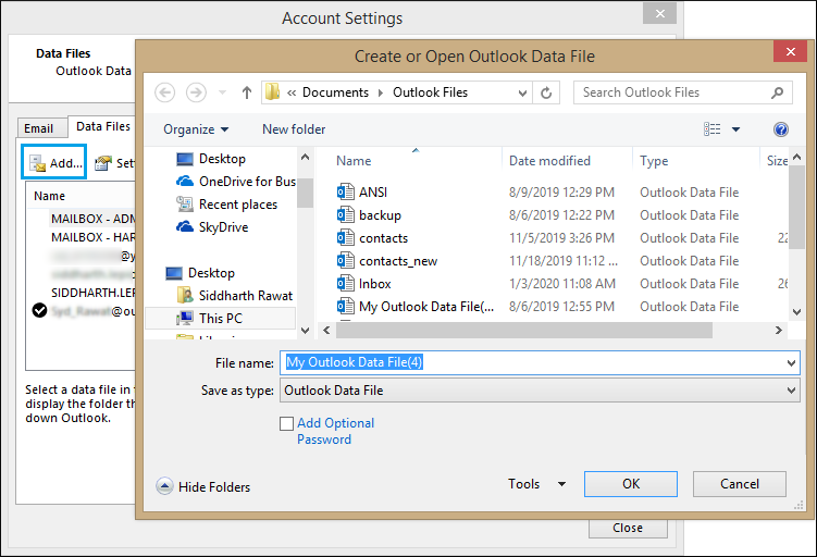 create or open Outlook data file