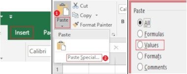 steps below to paste cell data as values