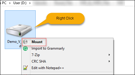 Select the VHD/VHDX file, right-click, and select Mount