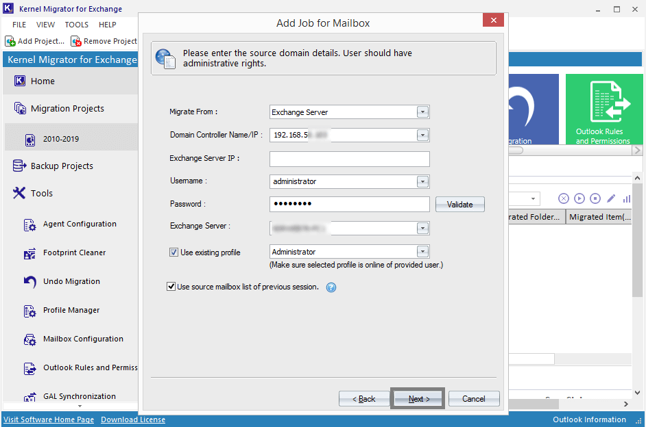 provide the source Exchange 2010 login details