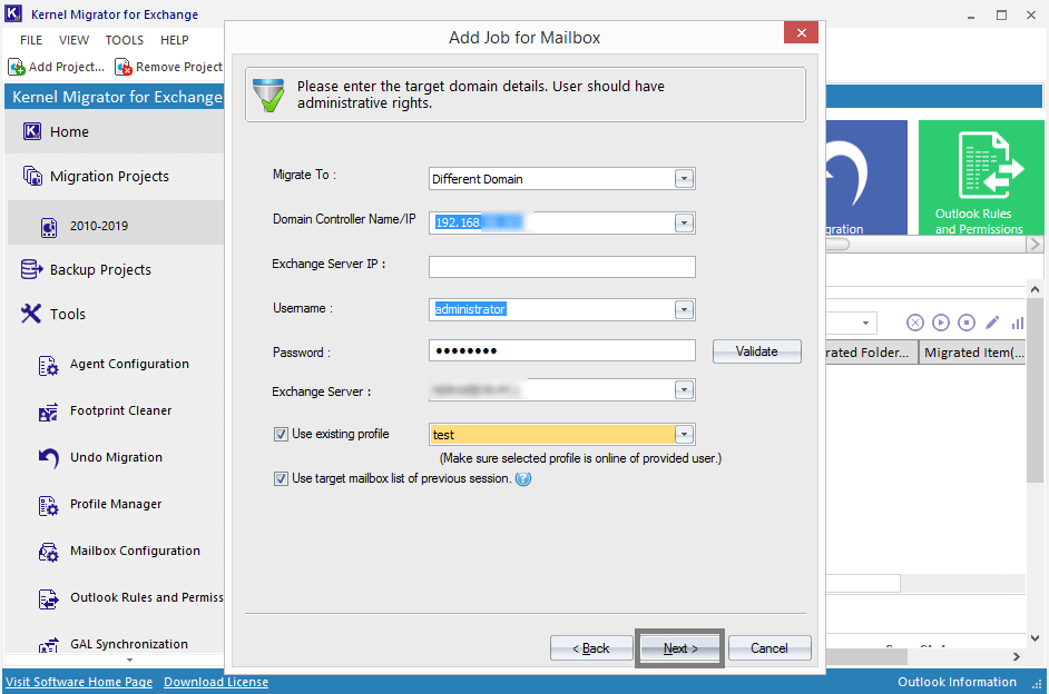 add the destination Exchange 2019 login details