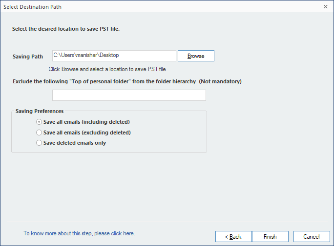Select the path to save new PST file