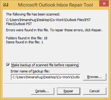 click the Repair button to start the repairing process