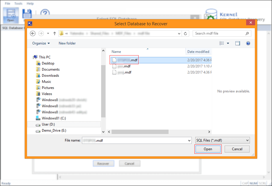 select the MDF file, and click Open.