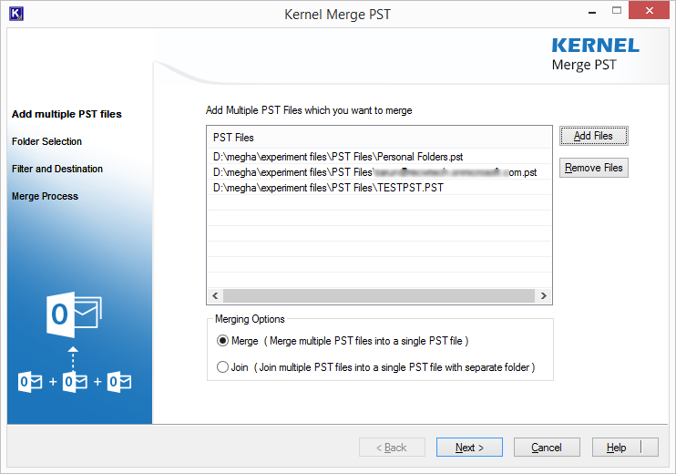 Select multiple PST files to merge