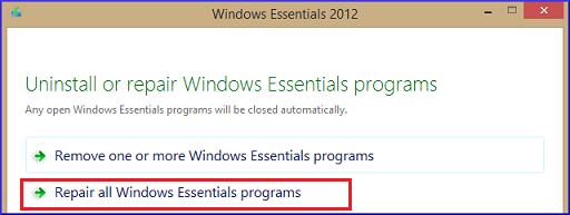 Repair all Windows Essentials programs