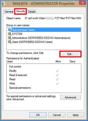select the Edit button in Security tab 