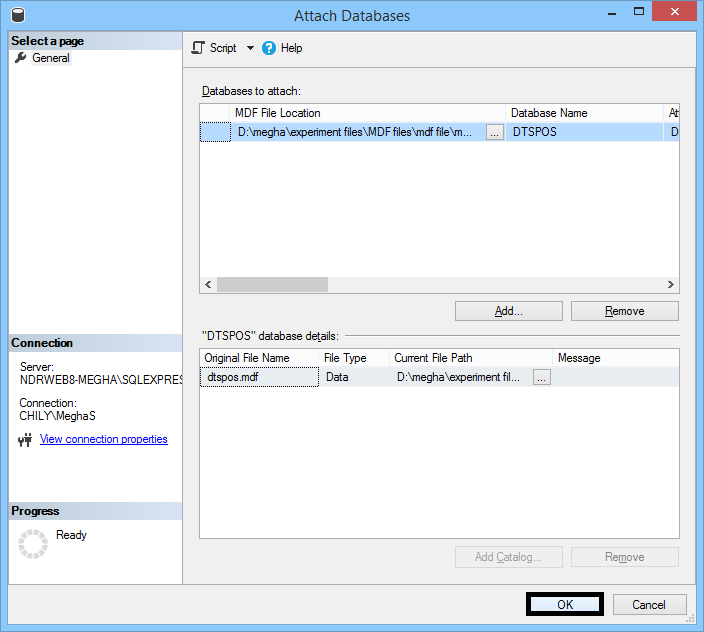 click OK to attach the added MDF file only