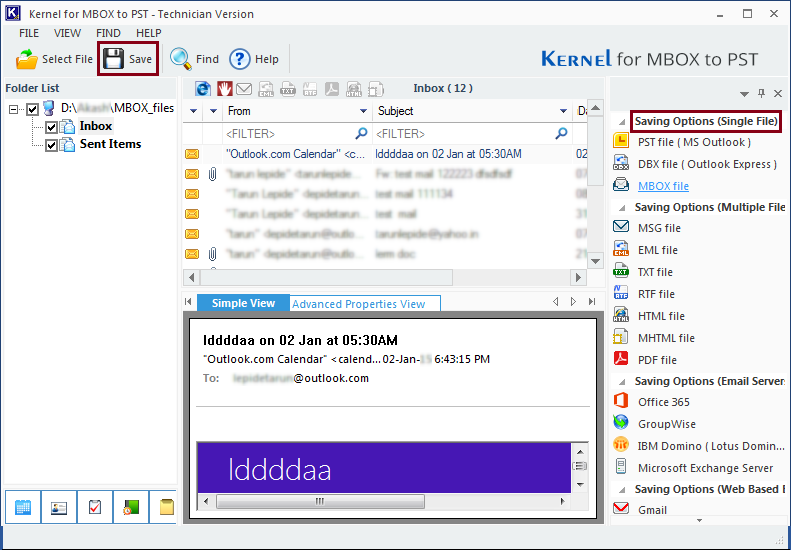 Preview of MBOX file