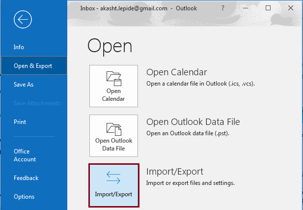 Launch MS Outlook and select Import Export 