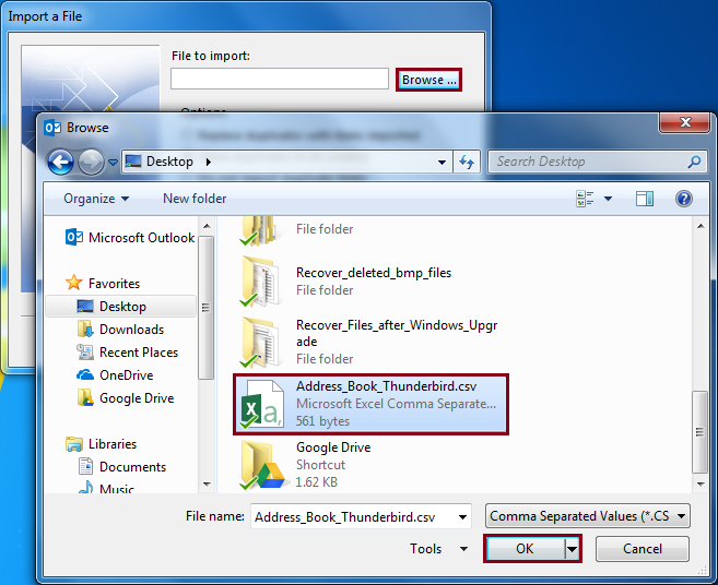 Browse to locate the CSV file