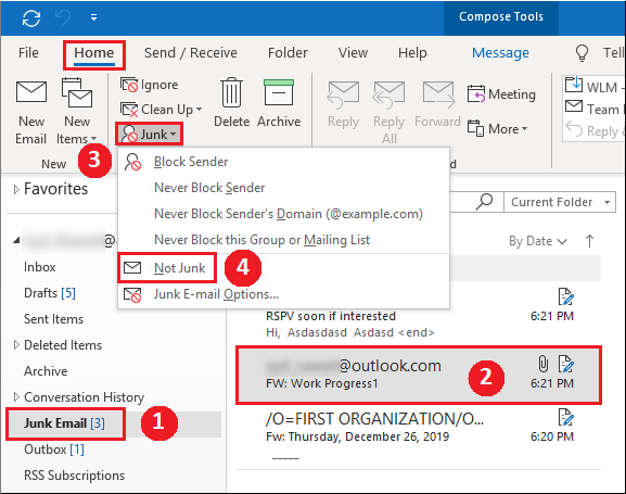 Click on Home > Junk > Junk E-mail Options.” class=”wp-image-5494″></figure>
 	<li>Select the level of protection accordingly.  After selecting the email protection level, click on <strong>Apply > OK</strong>.</li>
<figure class=