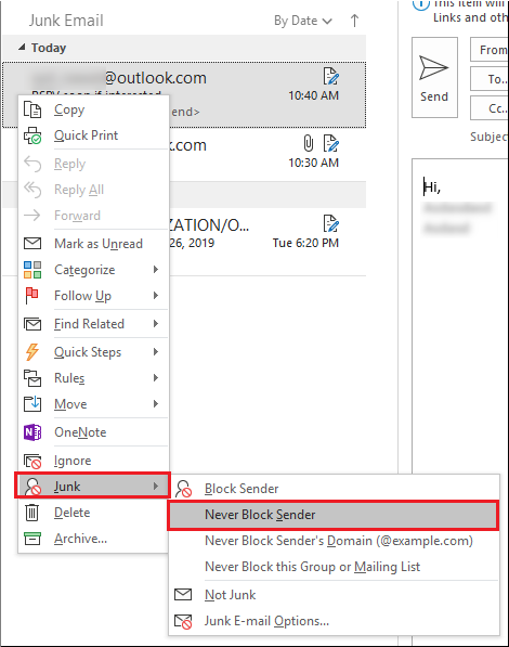 Select Junk > Never Block Sender” class=”wp-image-5509″></figure>
<strong>Note:</strong> Alternatively, you can also select Never Block this Group or Mailing List.
 	<li>Next, select the email address to add it to the safe list finally.</li>
<figure class=
