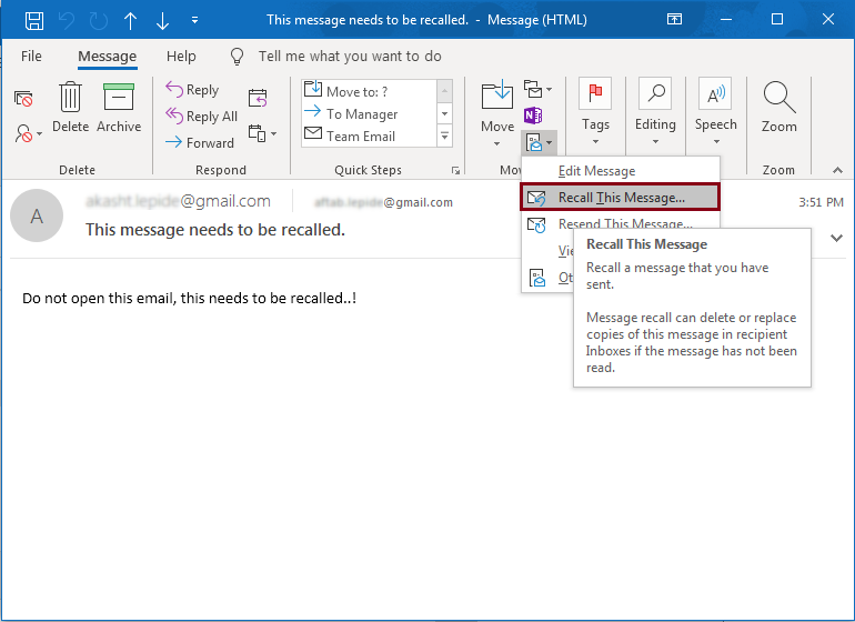 how can you recall an email in outlook