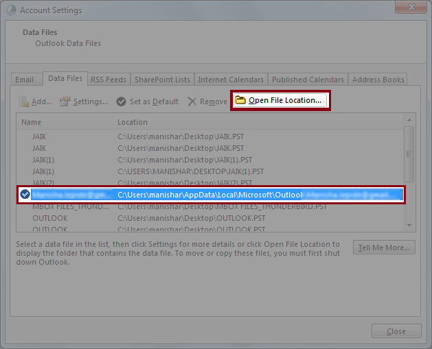 click on the Open File Location button