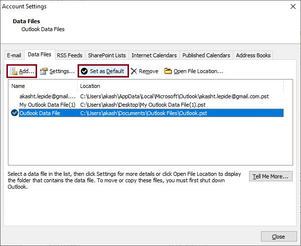 add a new Personal Folder data file