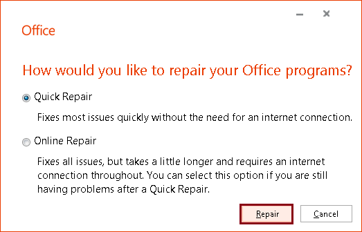 Repair Office Installation wizard
