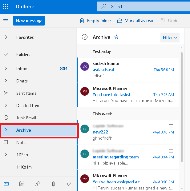 Click on Archive folder