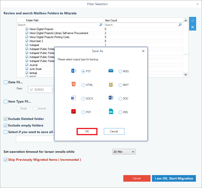 Select PST as Output