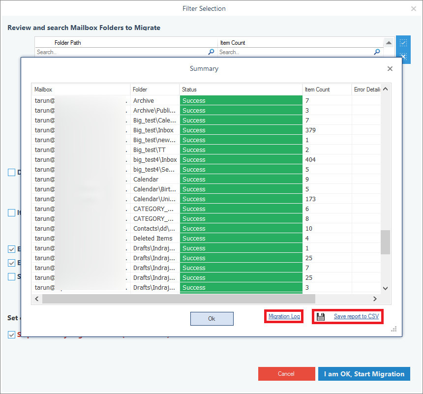 Migration Log and the report in the CSV file