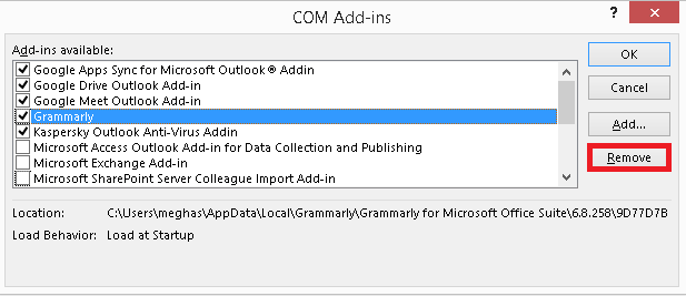 Select suspicious Outlook Add-ins