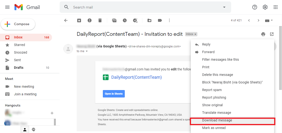 save a Gmail email to EML