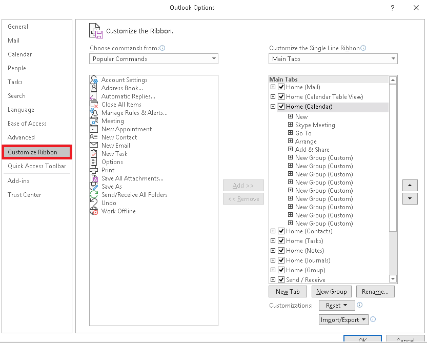select Customize Ribbon option from the left panel