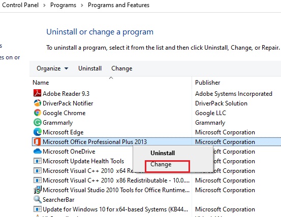 Change Microsoft Office option