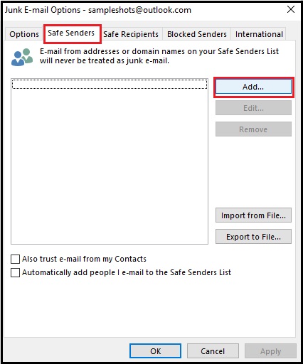 Under Junk Email Options