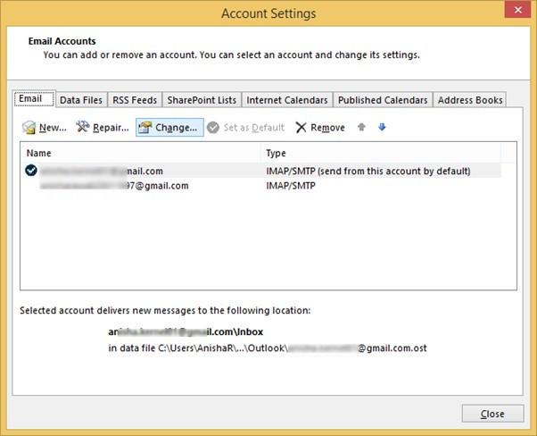 Select the email account and click on ‘Change