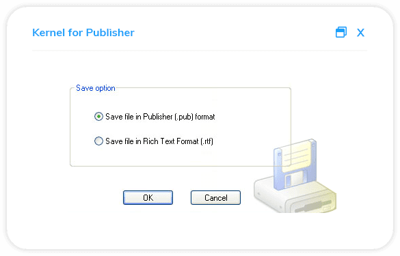 Recover and save the chosen Publisher file, either Publisher format or Rich Text format.