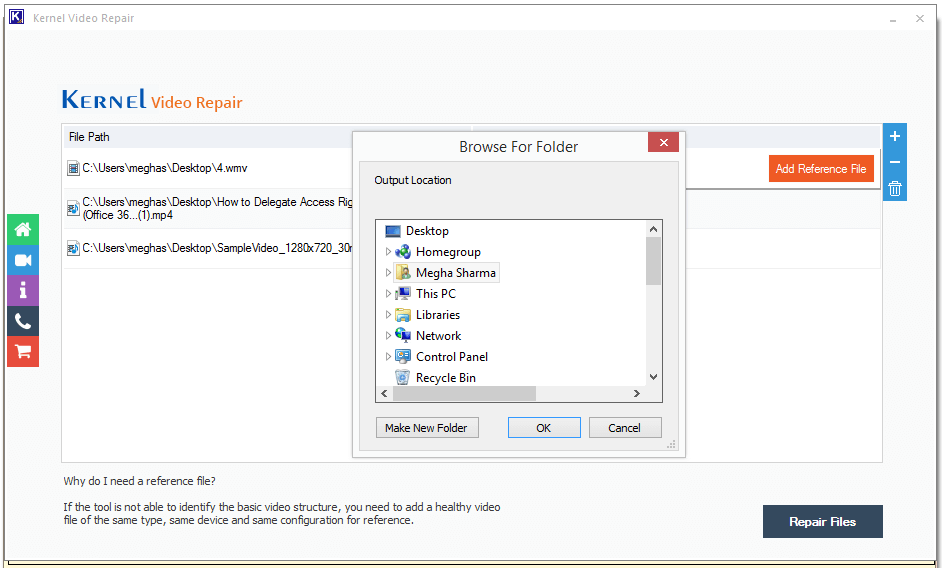 Add the destination location to save the repaired files