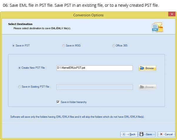 Save EML file in PST file. Save PST in an existing file, or to a newly created PST file