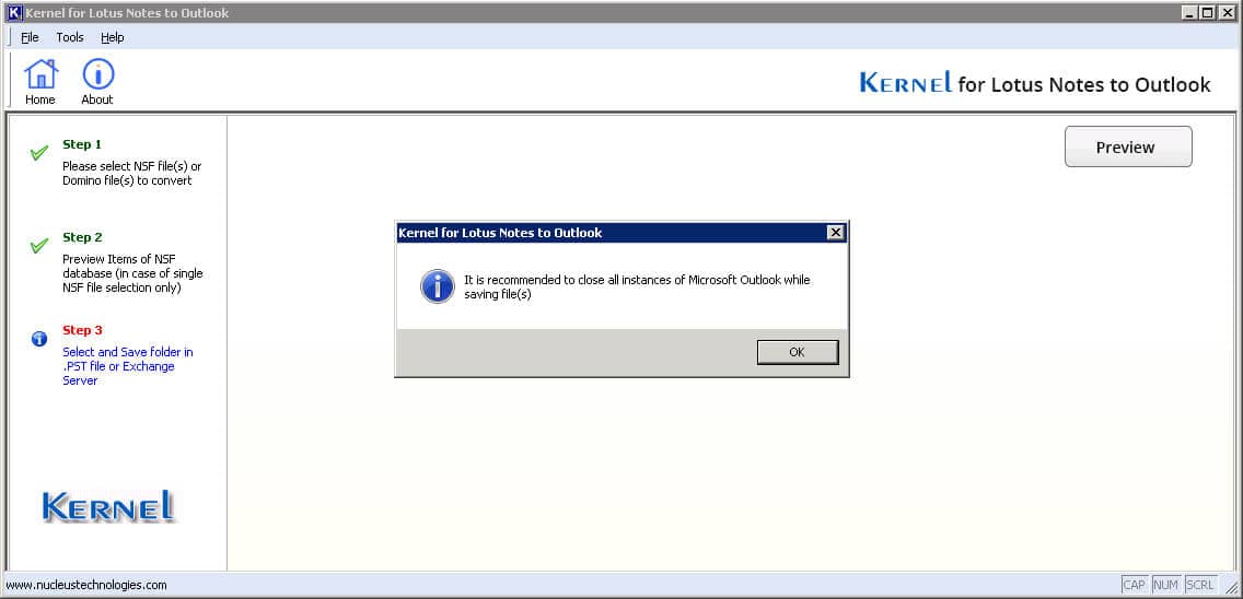 Message to close all instances of Outlook before starting the migration