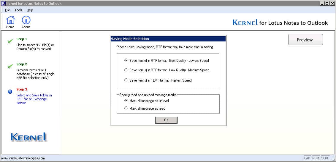 Choose the saving mode and other options