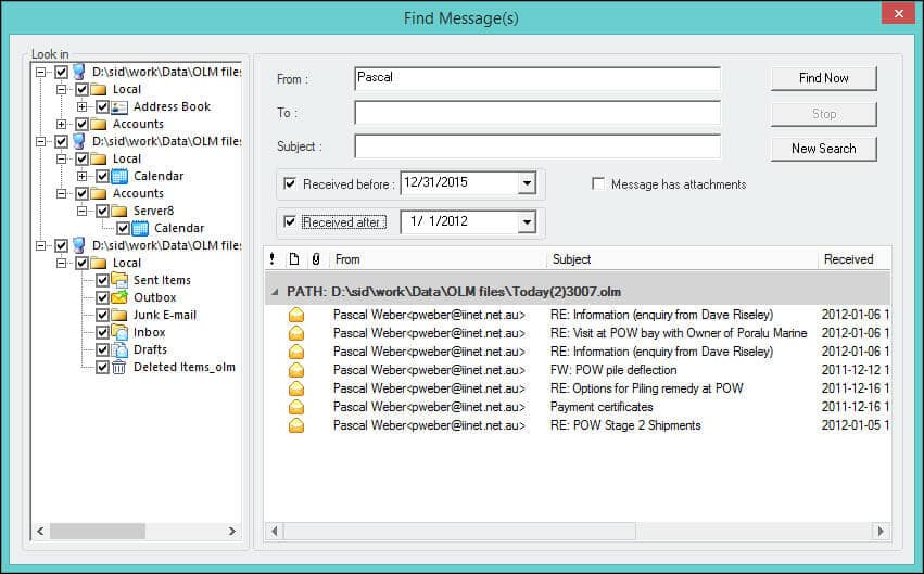 Use ‘Find Now’ button to quickly search specific item of OLM file based on: subject, from, to, message has attachment