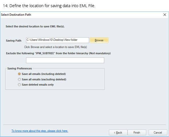 Define the loction for saving data into EML file