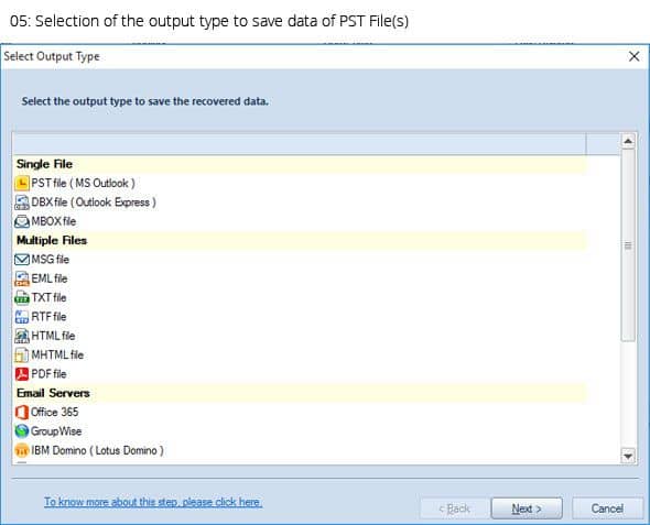 Selection of the output type to save data of PST file(s)