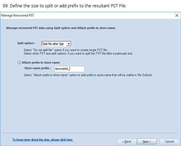 Define the size to split or add prefix to the resultant PST file
